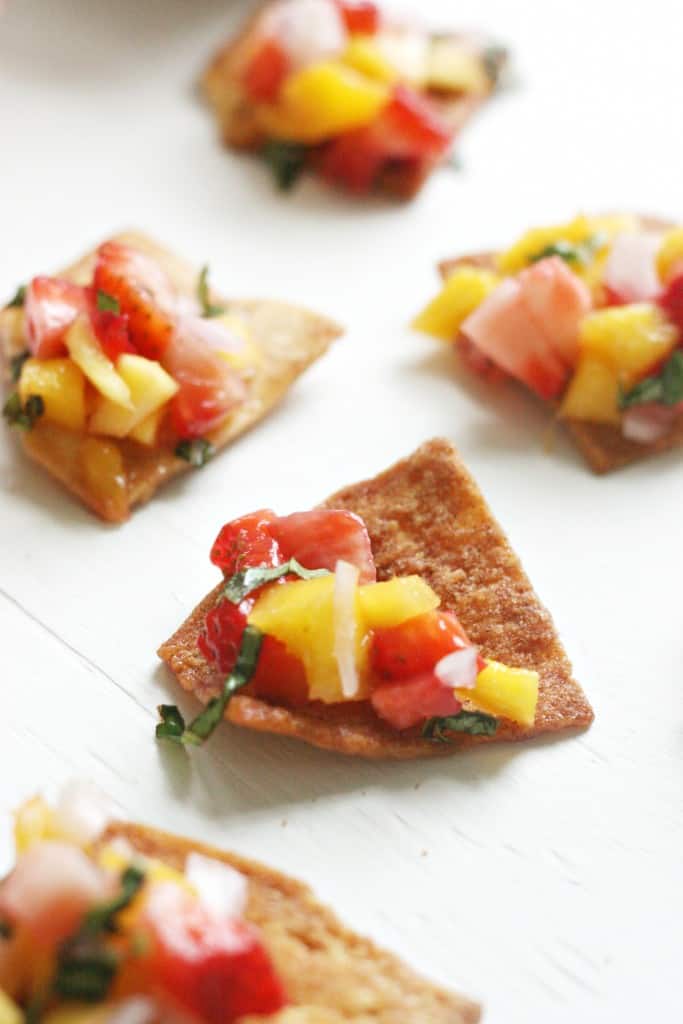 Delicious homemade salsa with mango, strawberries, and basil