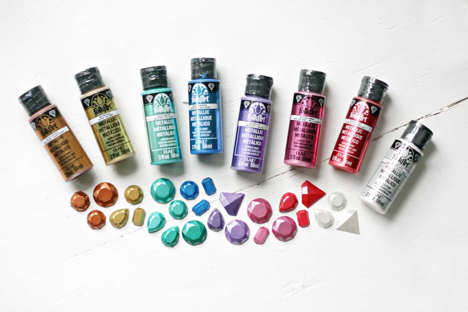 Hot glue gems painted with a rainbow of metallic acrylic paint