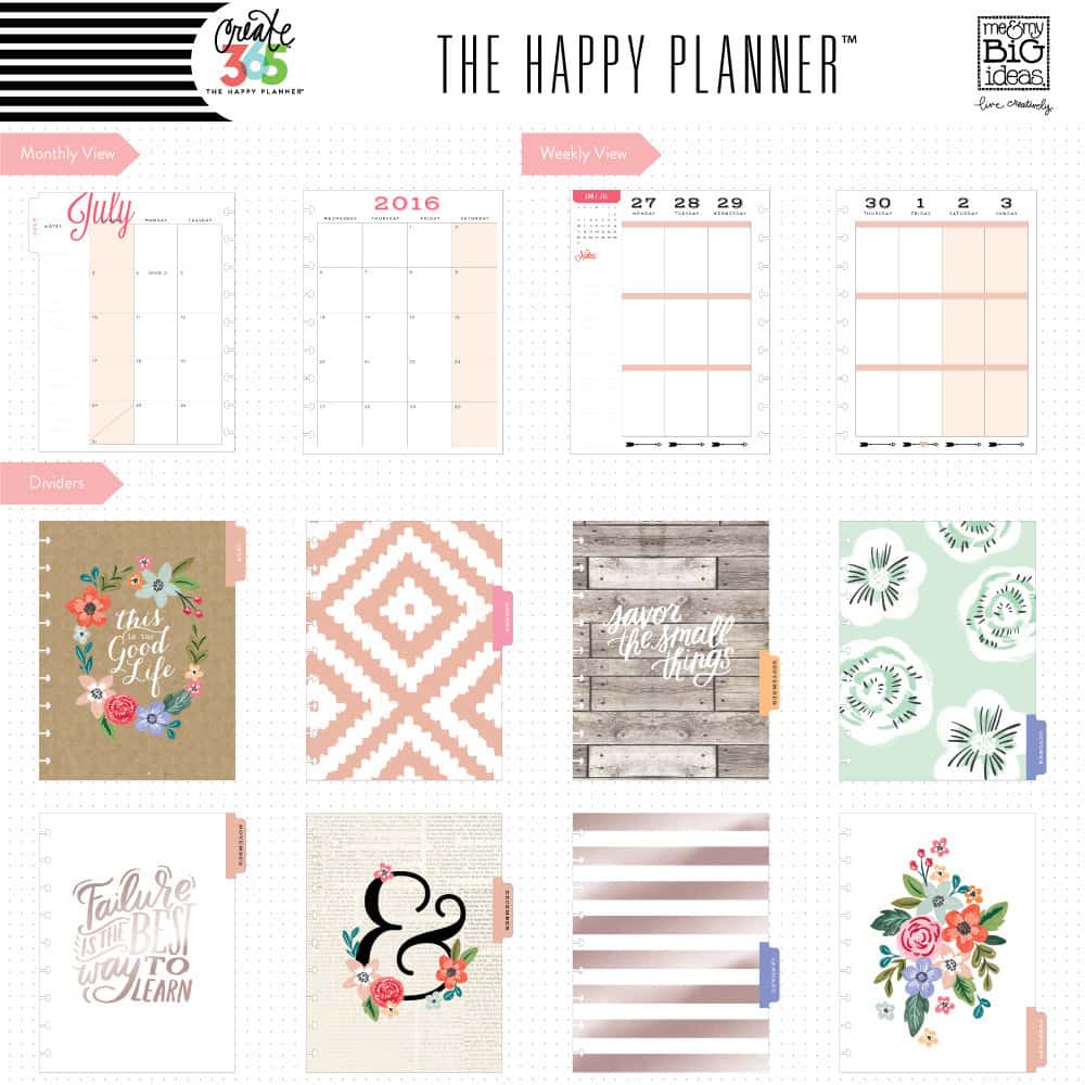Sample of calendar pages and dividers in the Happy Planner