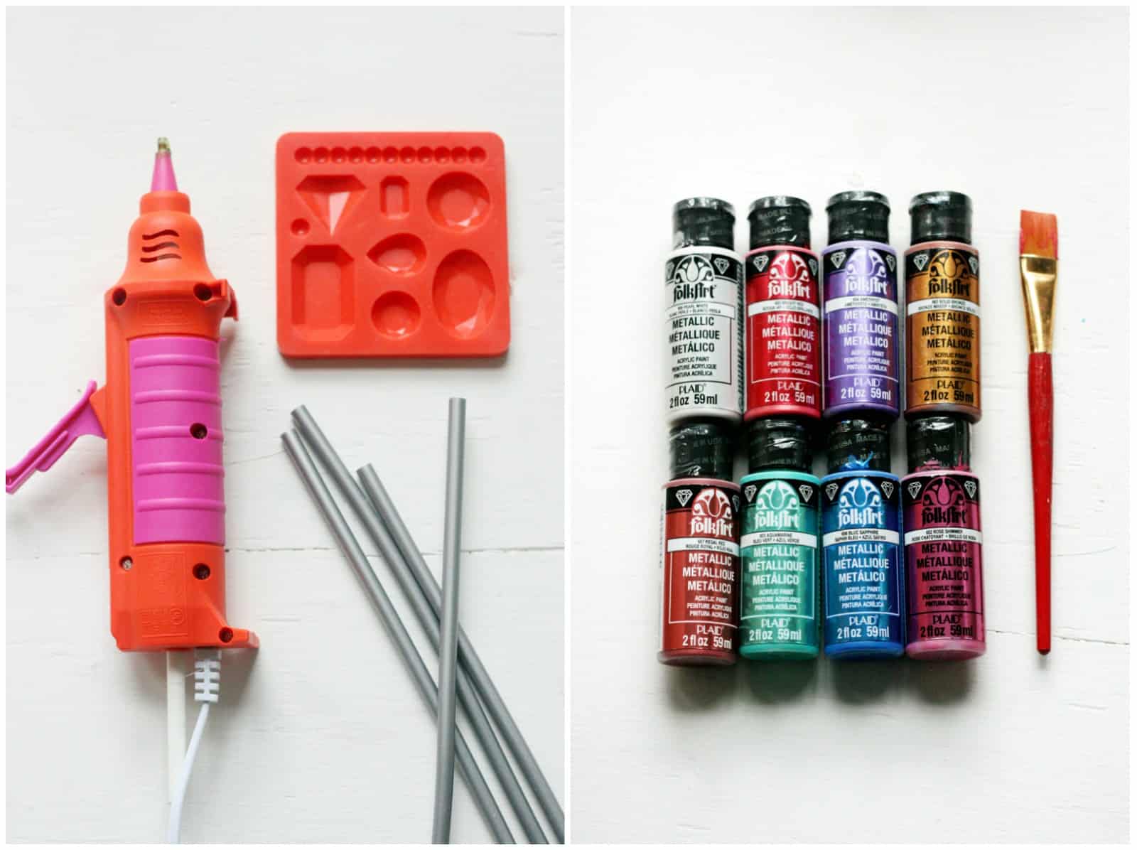 Glue gun, glue sticks, silicone mold, and acrylic paint