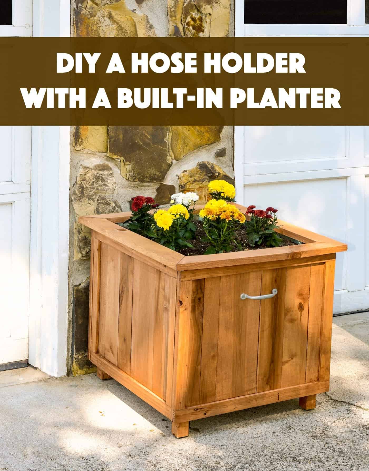 Build a unique hose holder using recycled pallet wood! This holder has a special feature; you can plant your favorite flowers on top. I love it!