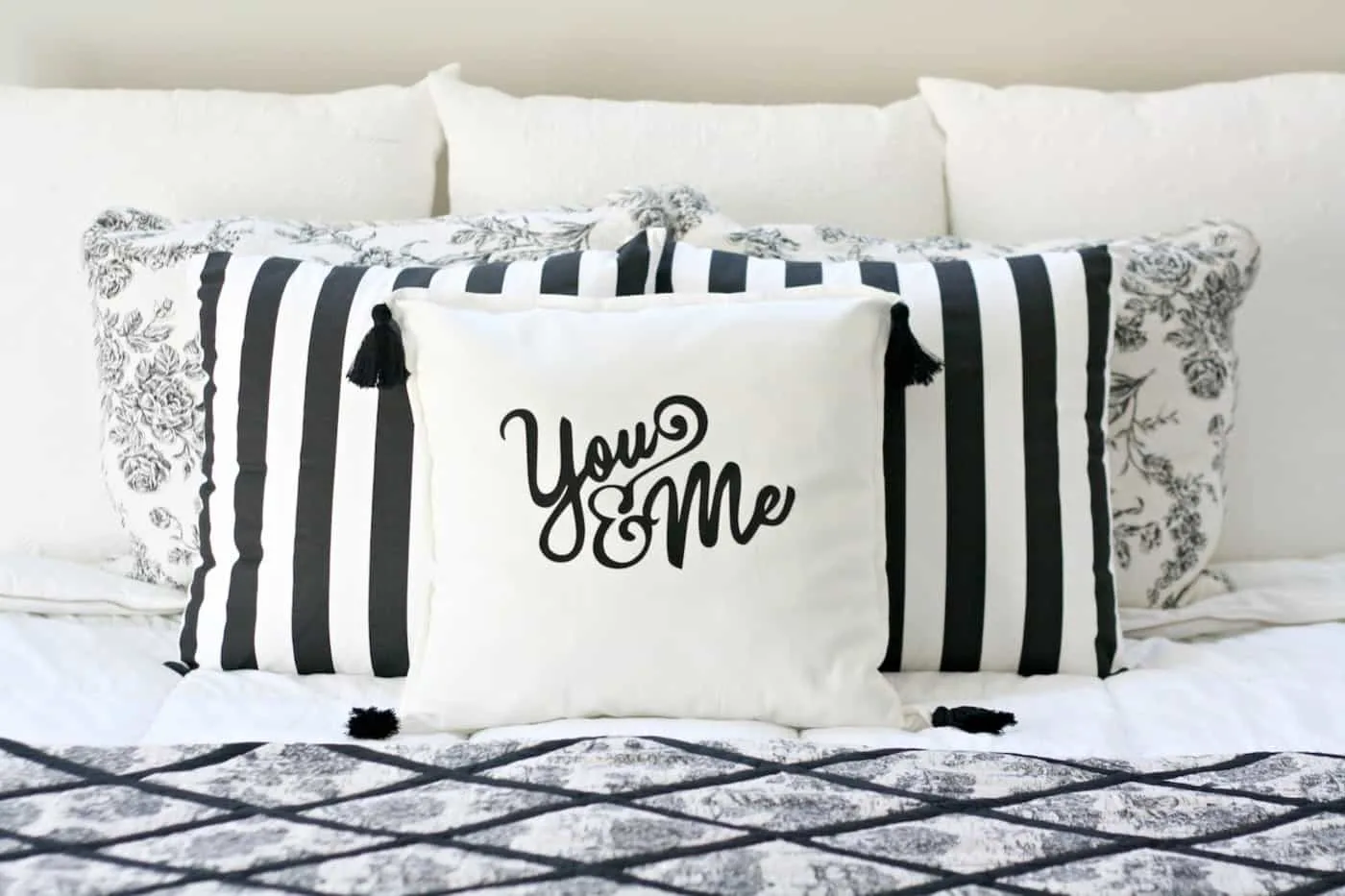 You and Me decorative pillow cover made with heat transfer vinyl cut on a Silhouette