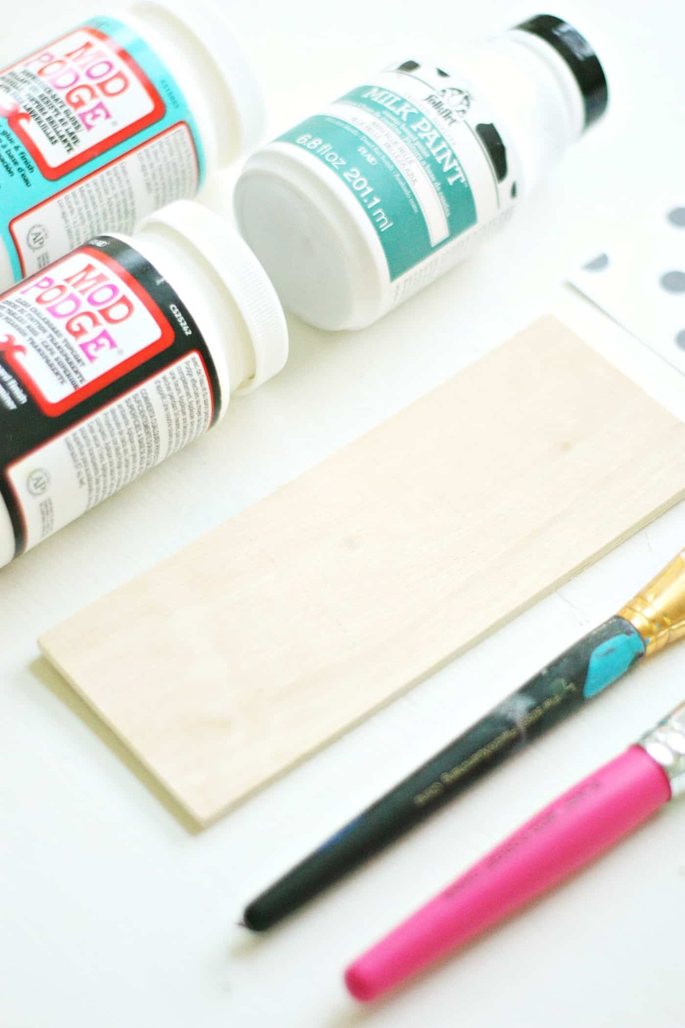 Chalkboard paint, Mod Podge, milk paint, and a wood rectangle