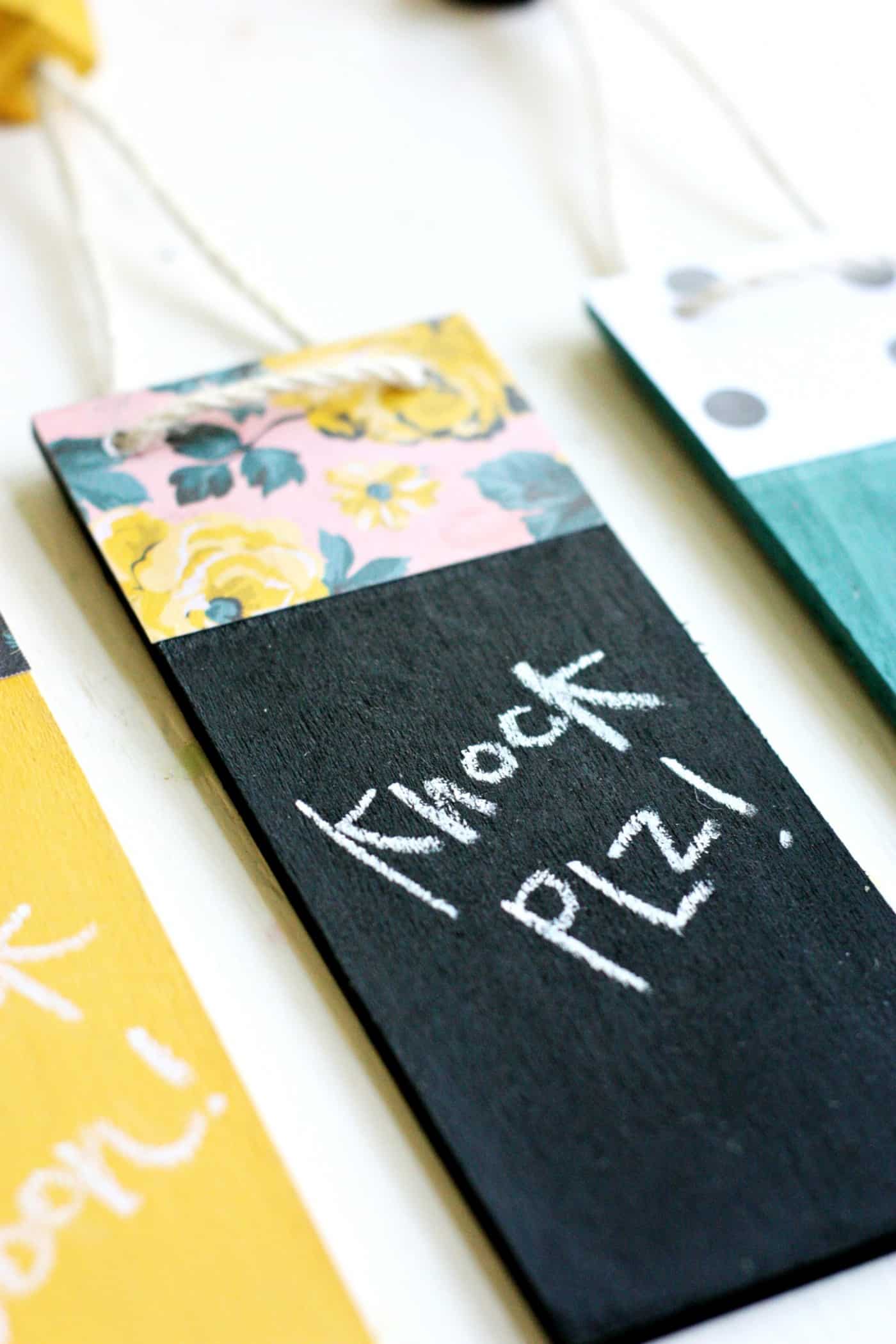 Use Mod Podge Clear Chalkboard Finish to decorate these modern door hangers! Make them in any pattern and color palette to match your decor.