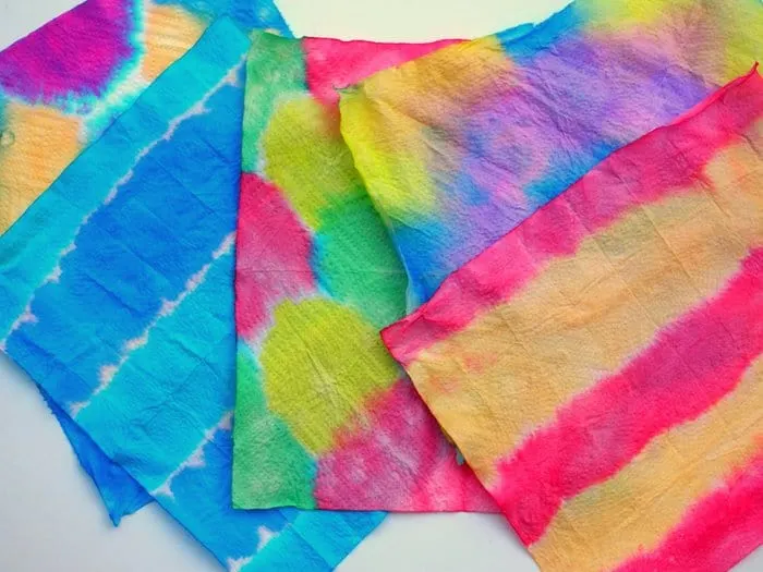 Stack of paper towels dyed with food coloring