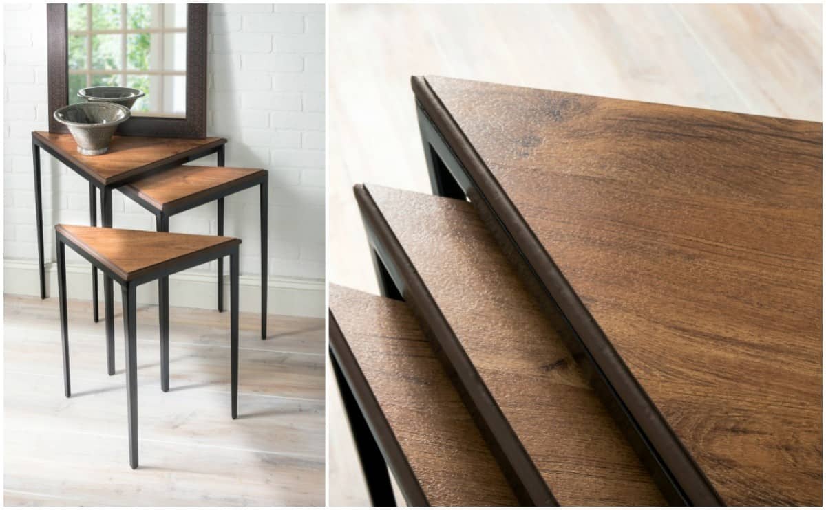 Learn how to revamp nesting tables using vinyl flooring! Leftover flooring makes a perfectly resilient and cost effective tabletop. We love the results!