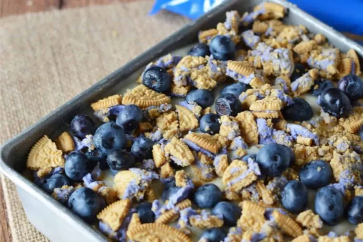 Close up of a pudding poke cake covered in Oreos and fresh blueberries