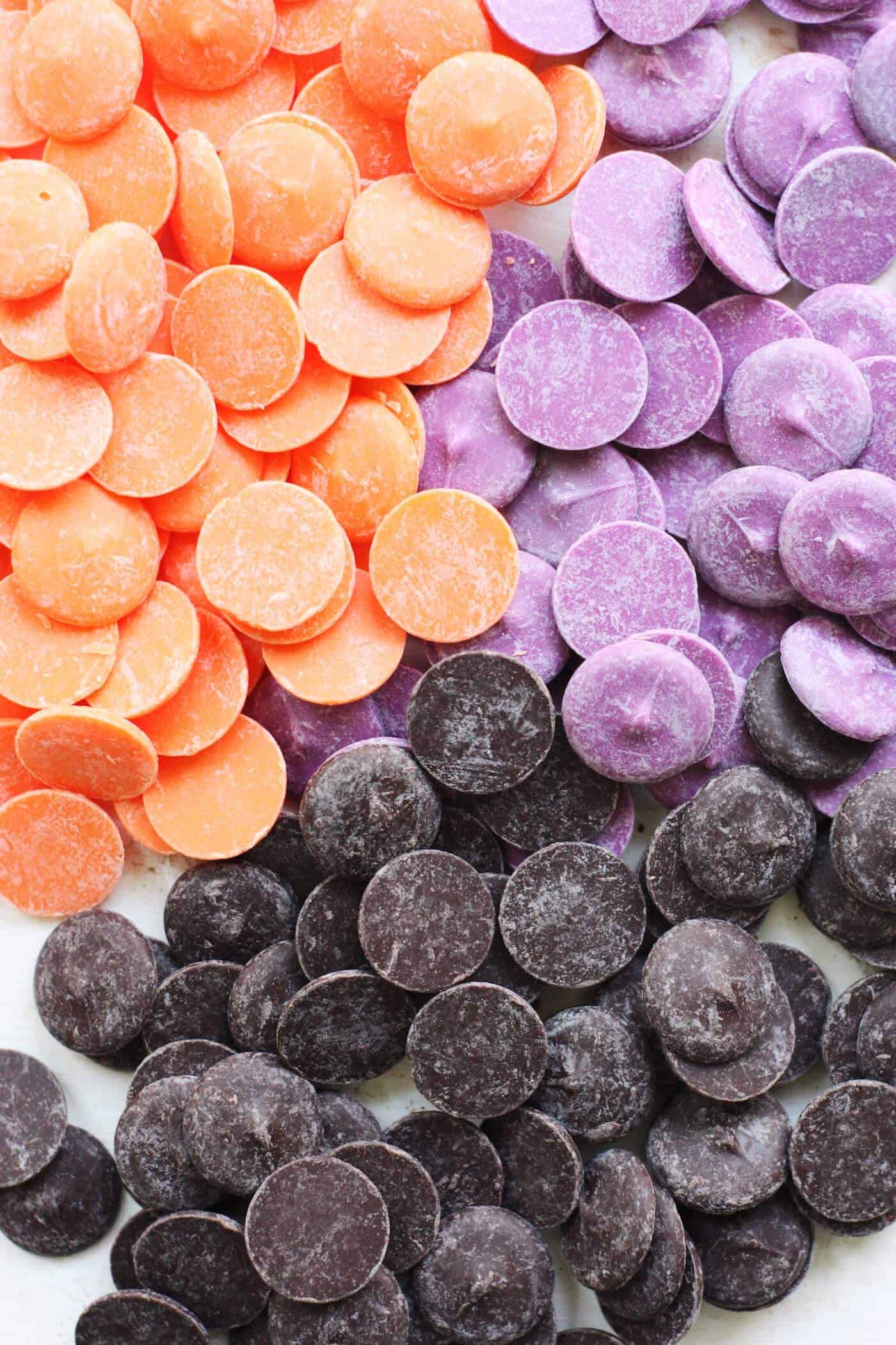 Wilton candy melts in orange, purple, and black for Halloween