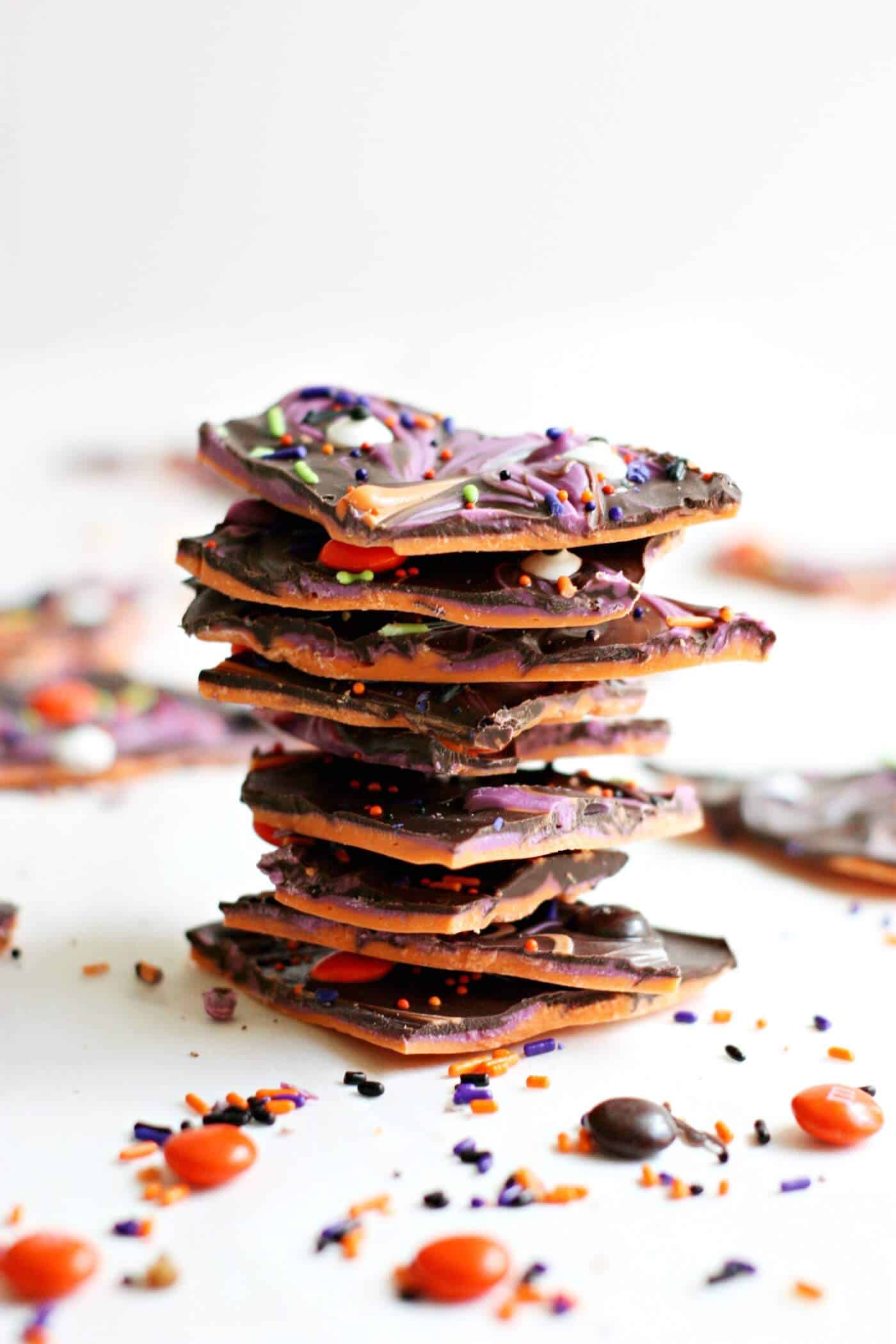 Stack of Halloween candy bark pieces
