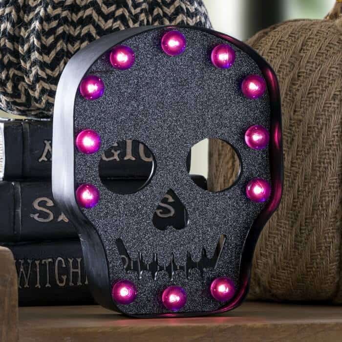DIY skull marquee with purple lights