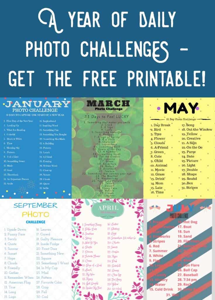 Grab your FREE printable for a daily photo challenge! This includes twelve months, 365 days. Take a new picture according to the theme and have fun!