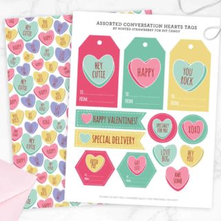 Conversation heart wrapping paper and tags for Valentine's Day