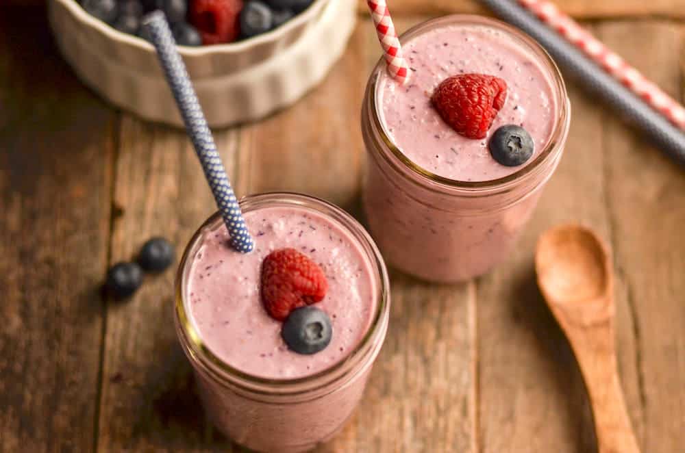 Get a good start in the morning with this delicious mixed berry oatmeal smoothie filled with fiber and protein! You can make it ahead if you like.