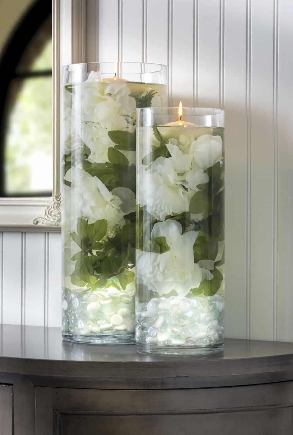 DIY wedding centerpieces with floating candles and LED lights