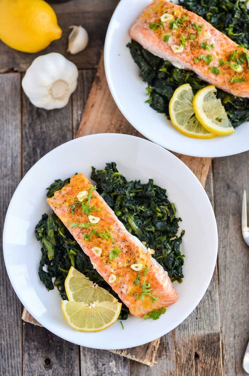 If you're looking for delicious and easy adrenal fatigue recipes, this baked salmon with garlic spinach is perfect - and so simple to make!