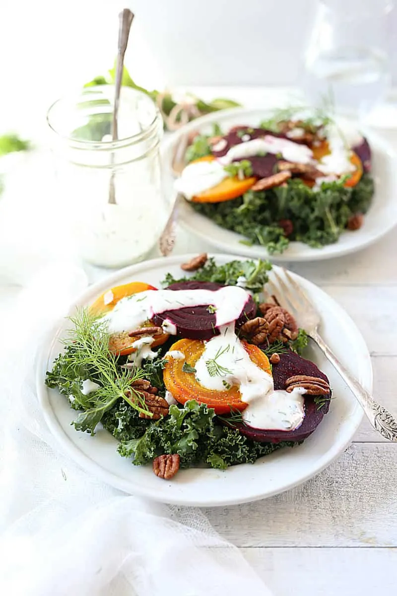 Delicious kale and beet salad with greek yogurt dressing
