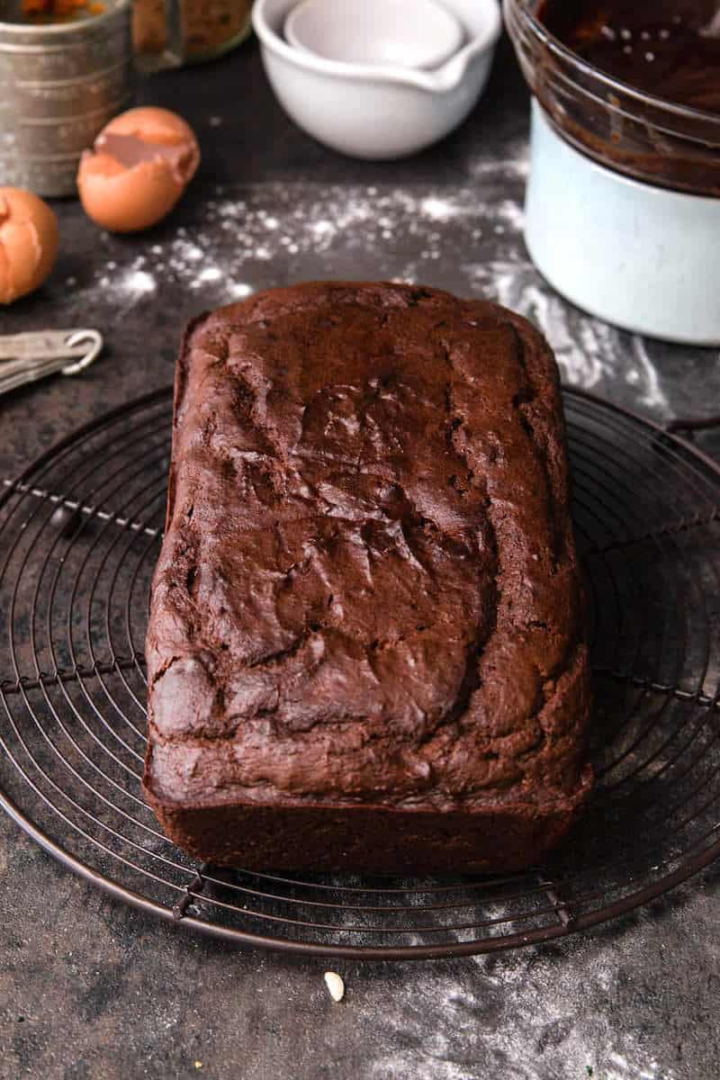chocolate pumpkin bread cooling on a rack