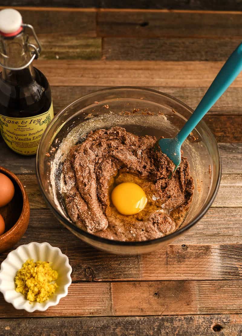 Egg being beaten into batter