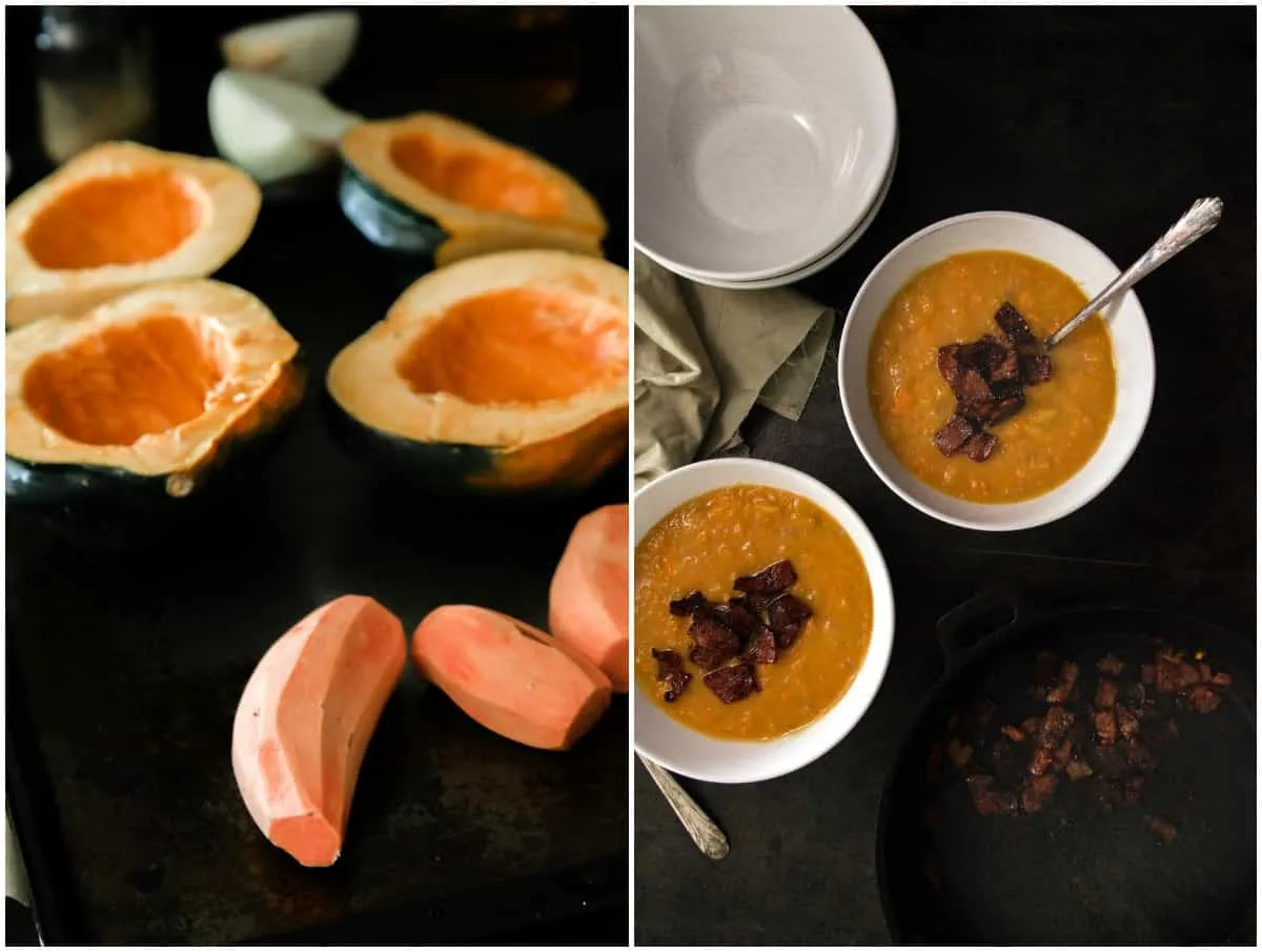 When the nights are cool, you're going to turn to this sweet potato and squash bisque for comfort. Delicious bacon on top makes the recipe complete!