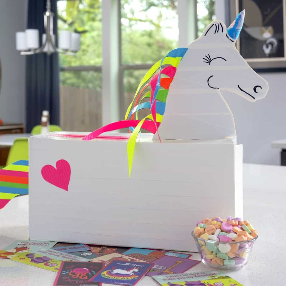 Learn how to make a very unique unicorn valentines box with Duck Tape! Grab a shoebox and the free patterns - kids will love to make this!