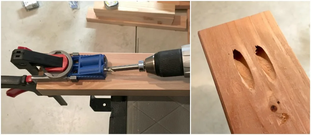 Kreg jig clamped to the side of the coffee table support pieces