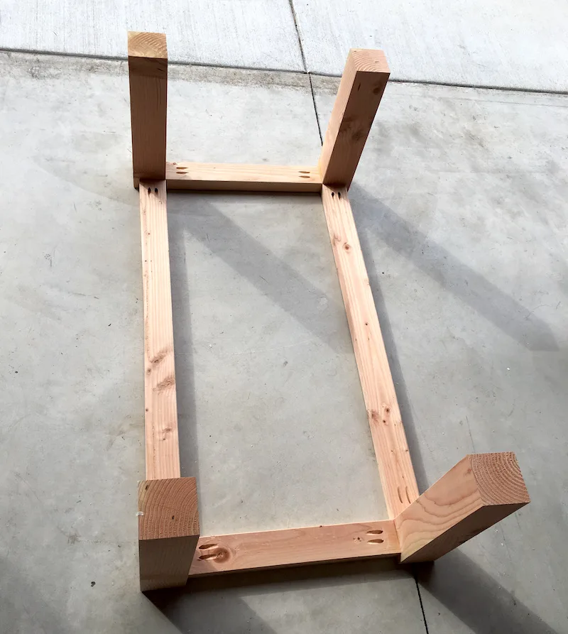DIY coffee table frame - support pieces attached