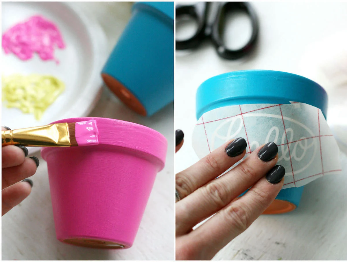 Painting a pot with pink paint, and applying a hello vinyl decal to a blue pot