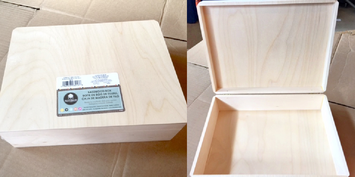Unfinished wood box with the lid closed and then open