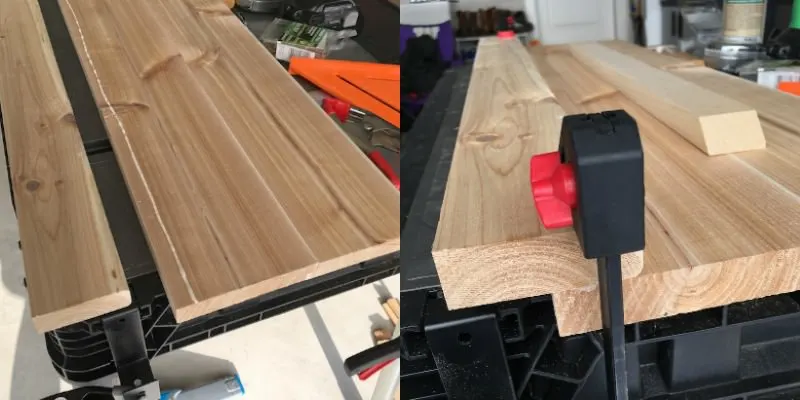 Glue a side plank to your cedar outdoor coffee table and clamp