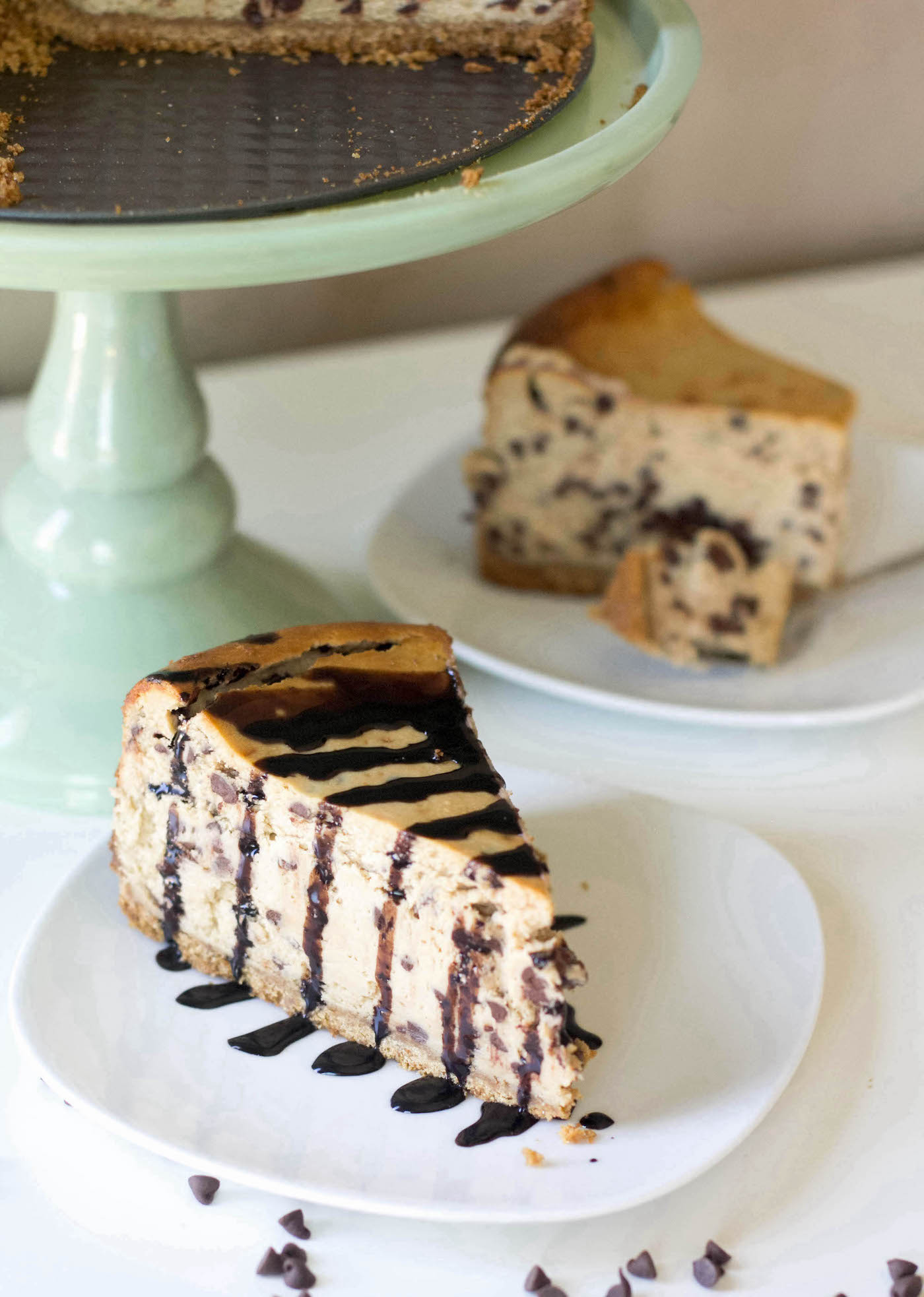 chocolate chip cheesecake with a graham cracker crust