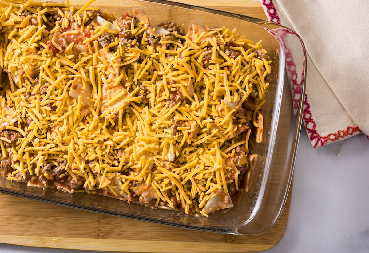 Cheese sprinkled on the ground turkey taco casserole