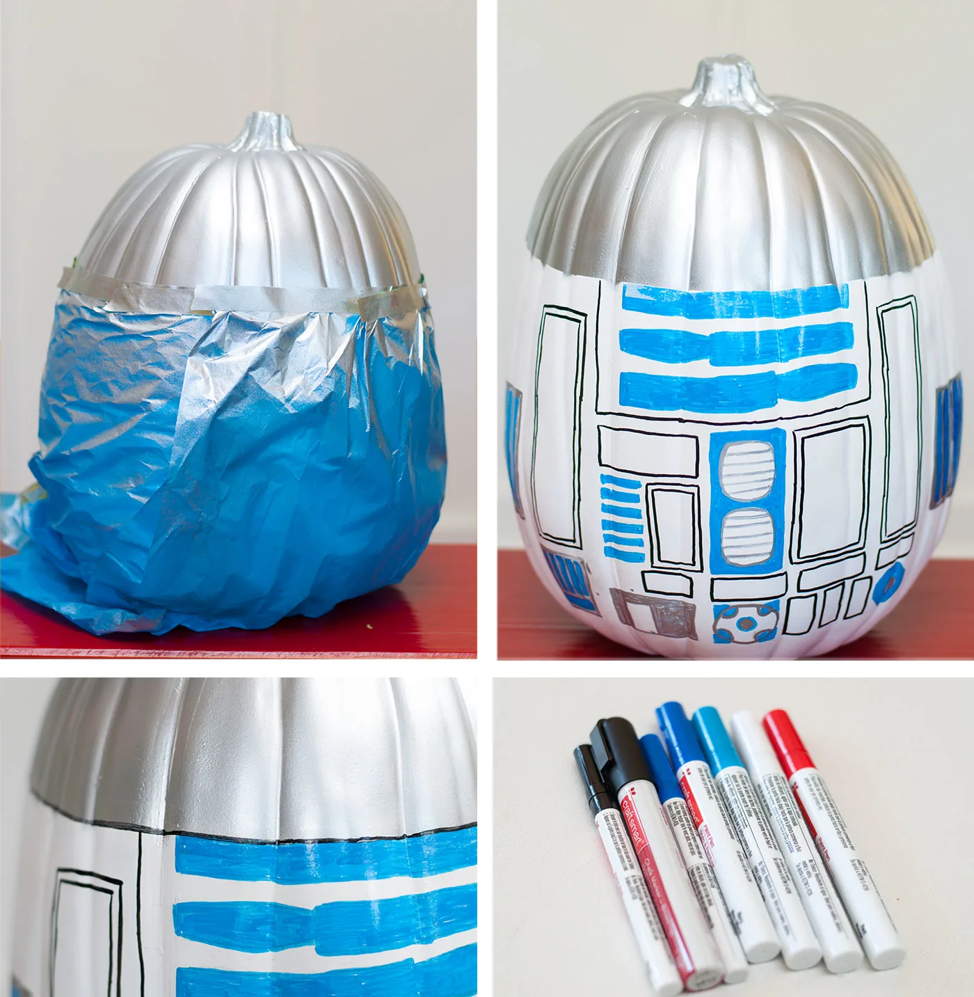 Adding details to the R2-D2 pumpkin with paint pens