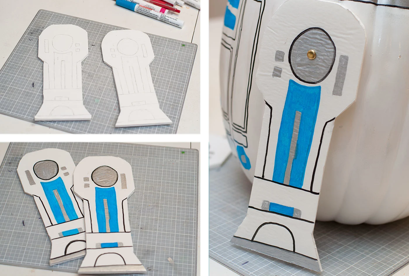 Creating the legs for R2-D2 using white craft foam and paint pens