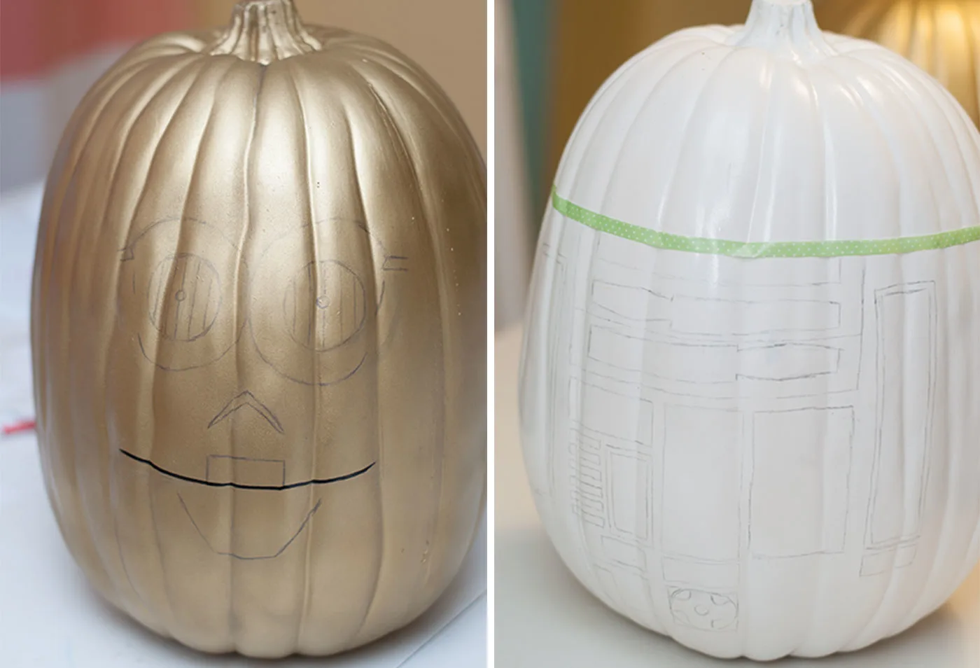 Droid drawings sketched onto the pumpkins
