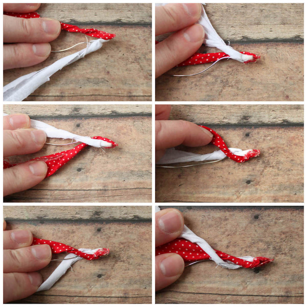 Wrapping red and white fabric strips around wire