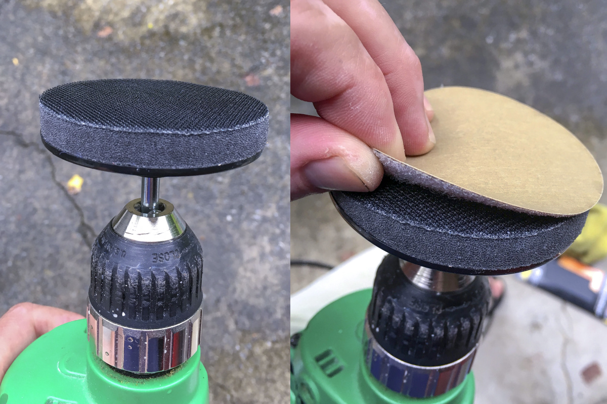 Putting a velcro buffing pad on a drill