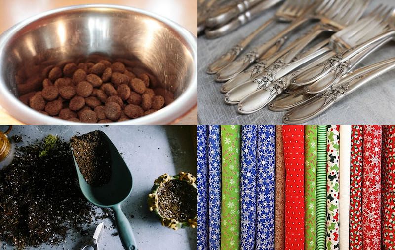 Bowl of dog food, spoons, shovel with dirt, and fabric bolts