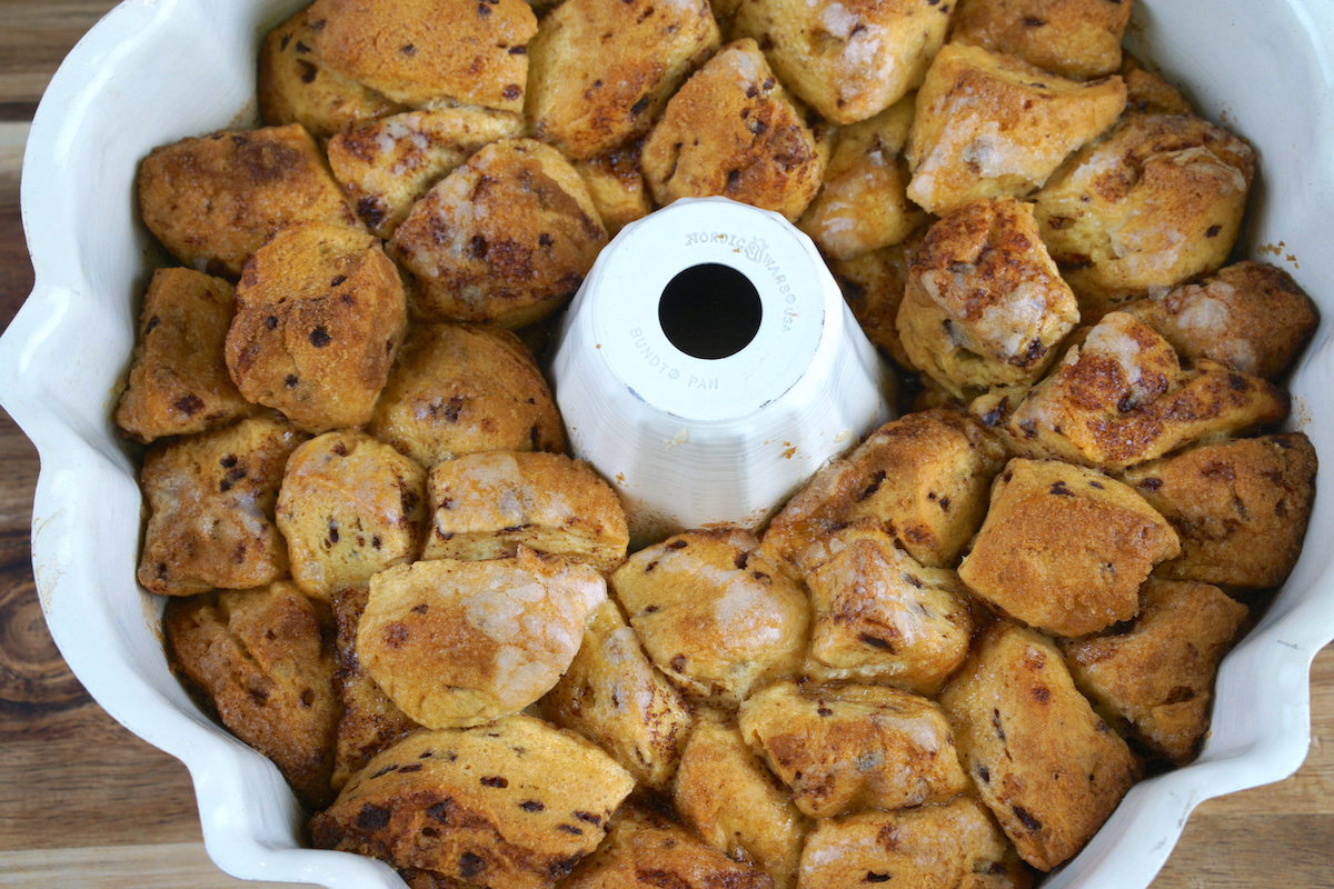 Baked pumpkin monkey bread in a bundt pan