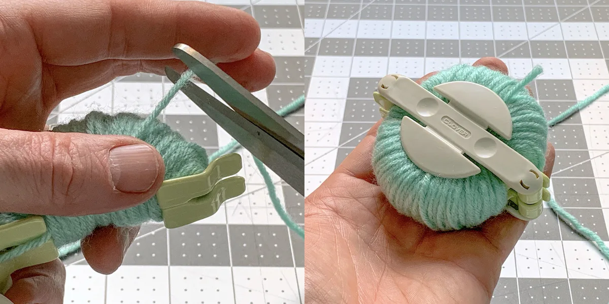 Cutting the yarn after wrapping with a pair of scissors
