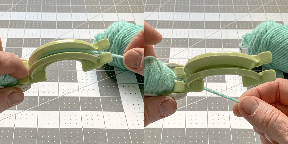 Moving yarn from one side to the other on the pom pom maker