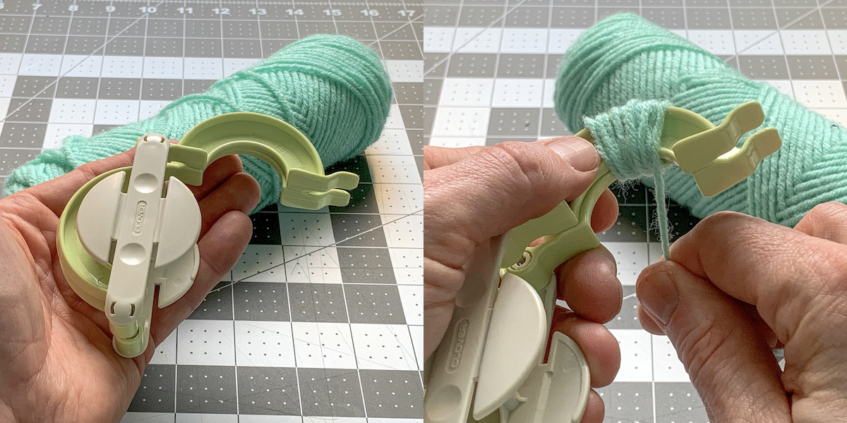 Opening a pom pom maker and wrapping the yarn