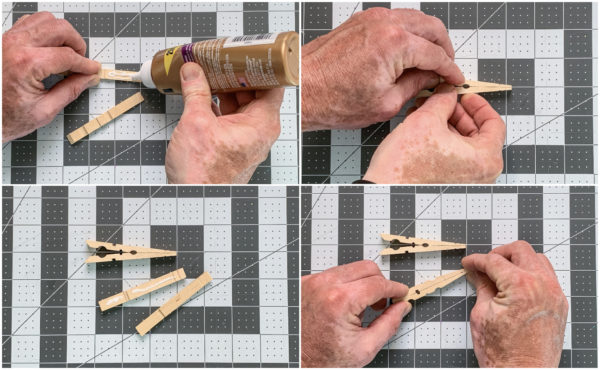 Gluing halves of clothespins together to form butterfly wings