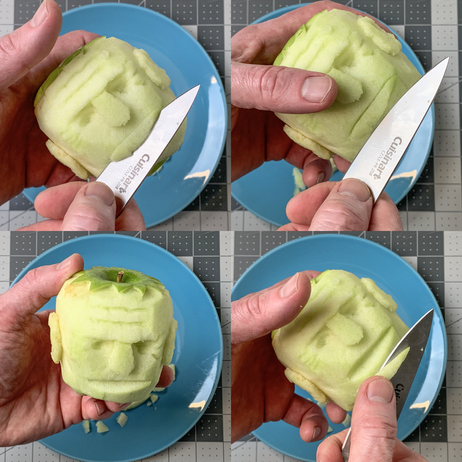 Cutting a mouth shape out of an apple head