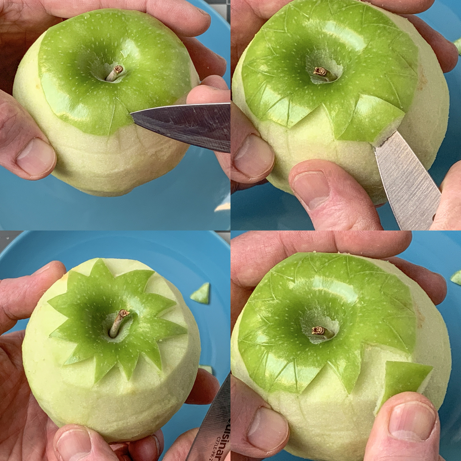 Cutting hair shapes with a knife on top of an apple