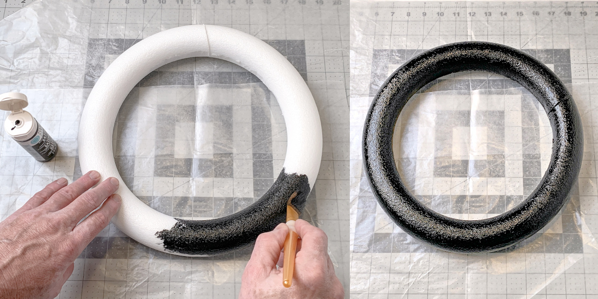 Painting a white foam wreath form with black acrylic paint