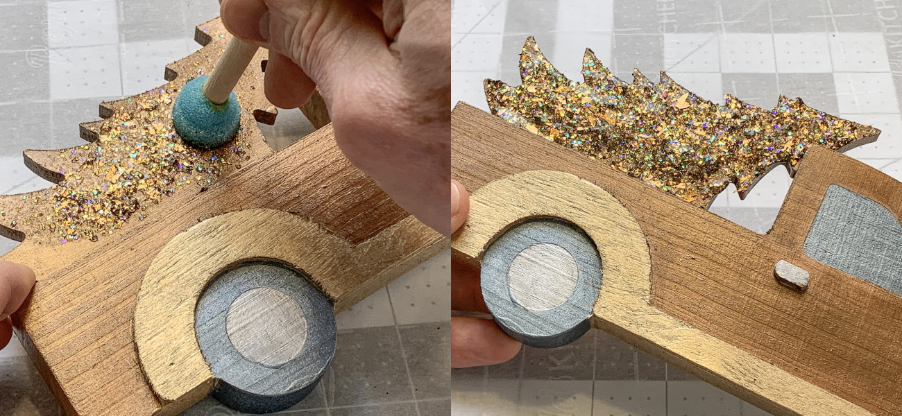 Painting a wooden truck shape with glitter paint