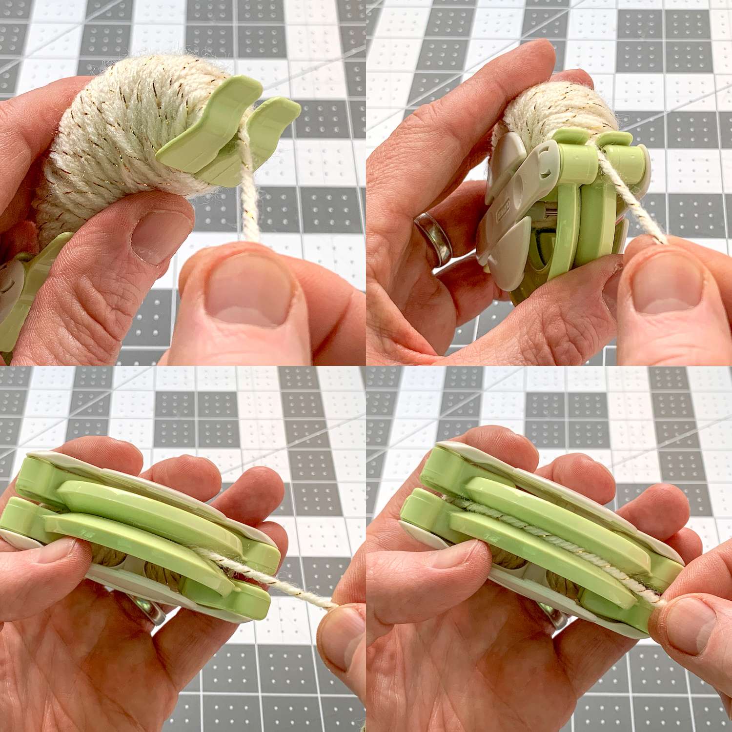 Bringing yarn around to the other side of a pom pom maker