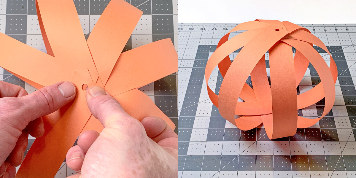 Connecting all the strips together to make a paper pumpkin