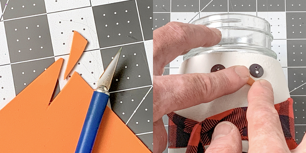 Cutting a carrot nose out of craft foam and gluing to the front of the jar