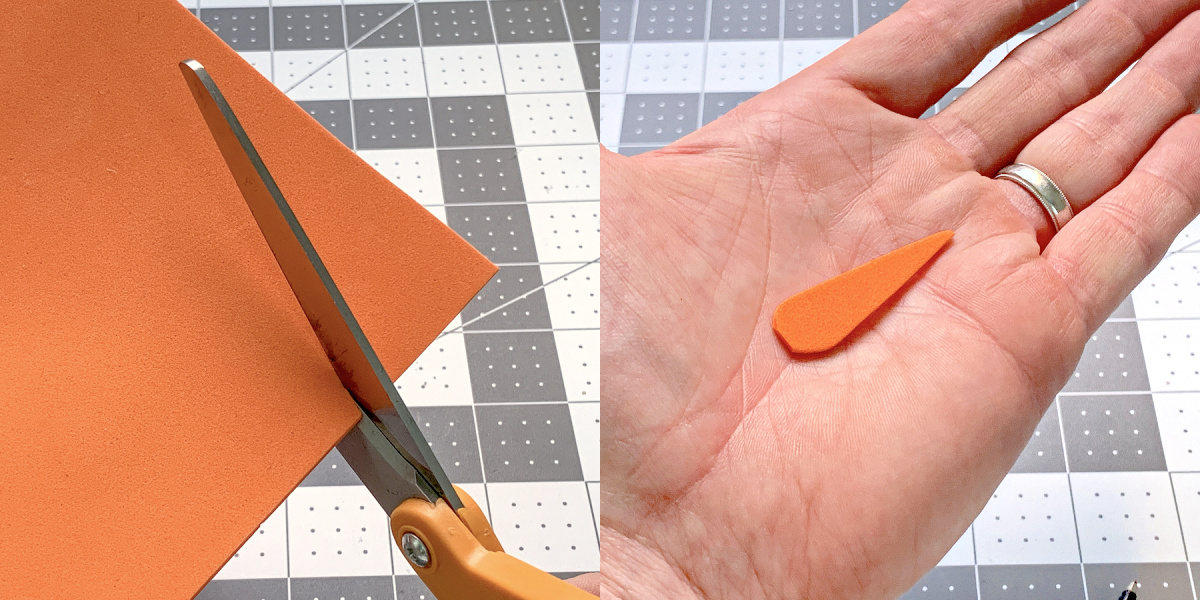 Cutting a carrot nose out of orange craft foam with scissors